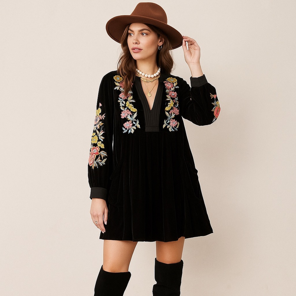 💎 ⭐️ 234. Free People Mia Black Velvet Embroidered Floral Tunic Dress XS